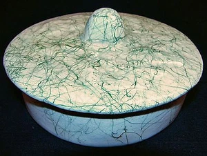 Vintage 1960s Splatter Art Pottery Green On White Color Round Candy Dish w Lid - Picture 1 of 5