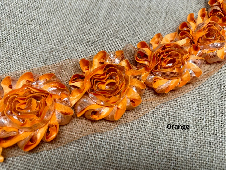 Shiny Metallic Shabby Chiffon Flower Trim Frayed Hair Rose Bridal Lace - By YARD - Image 1 of 1