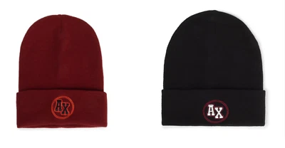 A|X ARMANI EXCHANGE Men's Collegiant Logo Patch Knit Beanie, Syrah and Black NWT - Image 1 of 4
