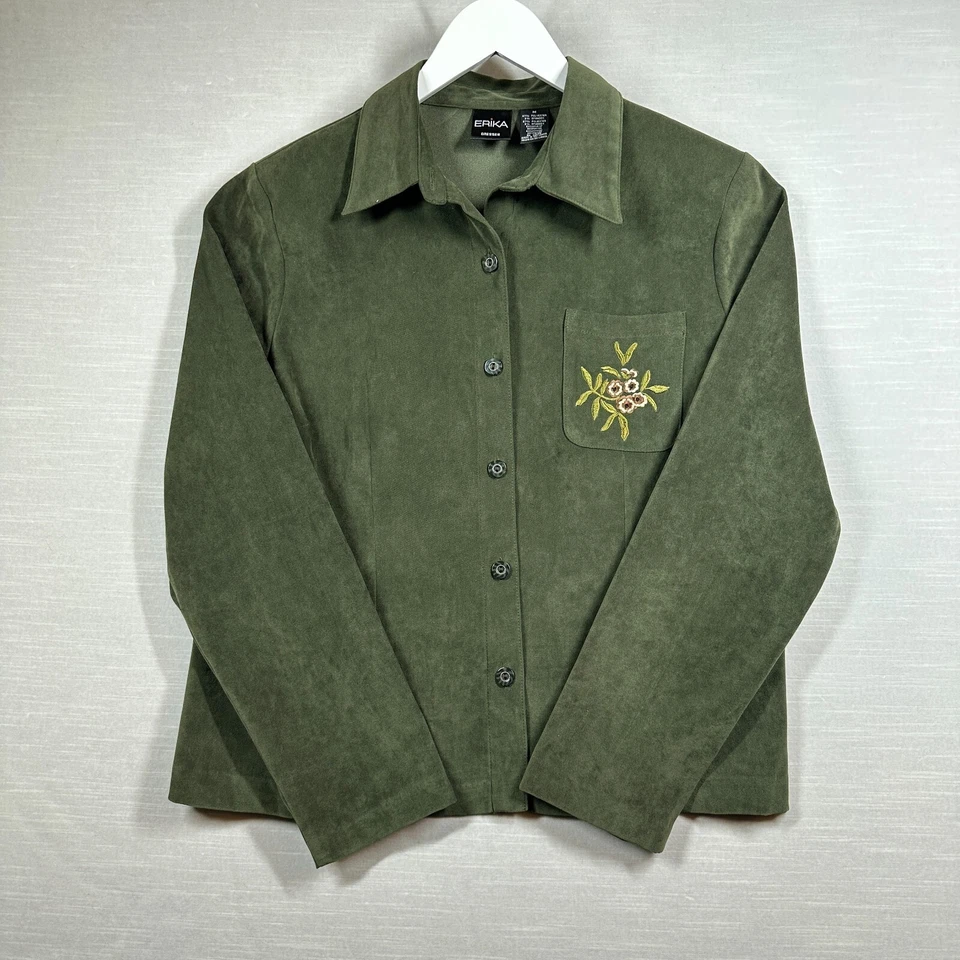Camisa Erika Mujer Mediana Verde Abotonada Gamuza Flor Cottagecore Boho Fairy Foto 1 de 4