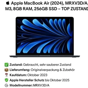  APPLE MacBook Air 2024 | MRXV3D/A | Notebook M3 | 8GB / 256GB Laptop MAC TOP ✅ - Bild 1 von 24