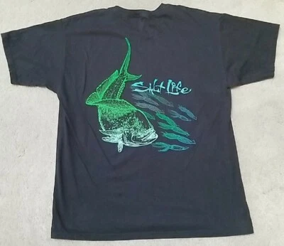 SALT LIFE GROUPER AND SQUID Salt Life 黑色和霓虹绿色 T 恤男式 XL — 第 1/2 张图片