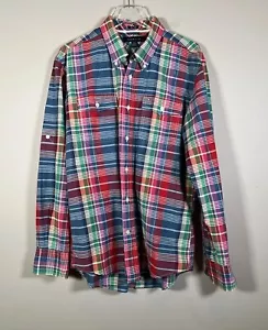 Tommy Hilfiger Madras Plaid Shirt Men Large Slim Fit Basic Beachy Coastal Cotton - Picture 1 of 11