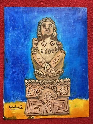 Mexican Master Alfredo Vilchis Ancient Aztec God Xochipilli Tin Retablo - Image 1 of 4
