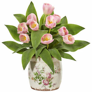 Artificial 18" Tulip Flowers Arrangement in Floral Design Decorative Vase