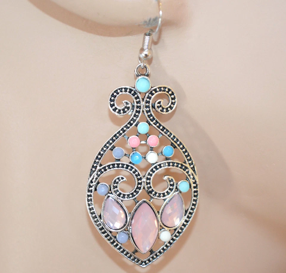 Orecchini donna argento cristalli rosa pendenti gocce perline etnici UD57 - Immagine 1 di 1