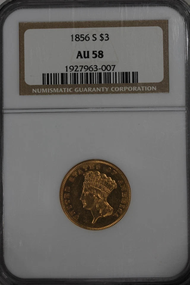 1856-S  G3.00 NGC AU 58 $3 Gold, Three Dollar Gold - Image 1 of 2