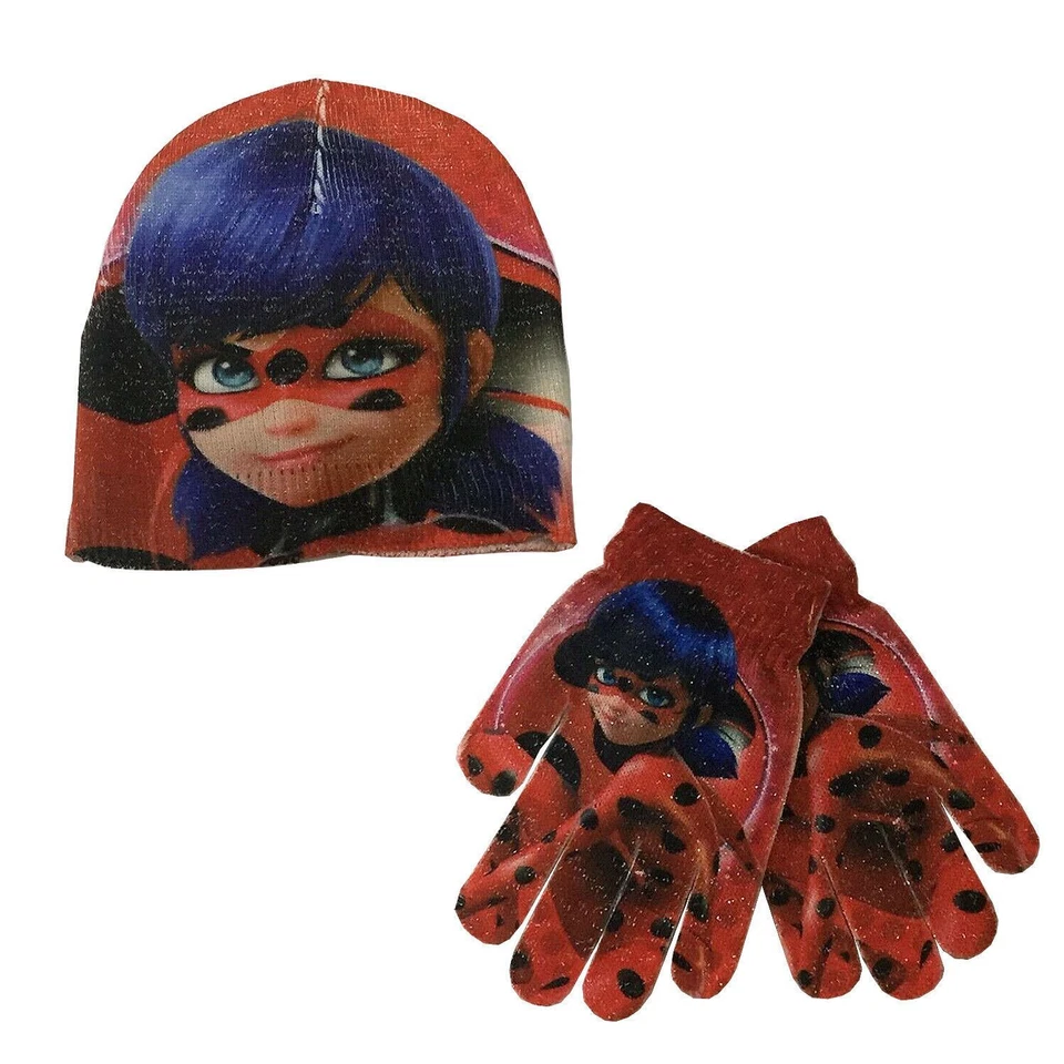 MIRACULOUS Wunderbare Marienkäfer Mädchen Kinder Glitzer Kinder Mütze & Handschuhe Set warm Winter Weihnachten