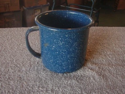 Blue White Speckled Enamelware 4" metal Coffee Cup Camping Decor - Image 1 of 2