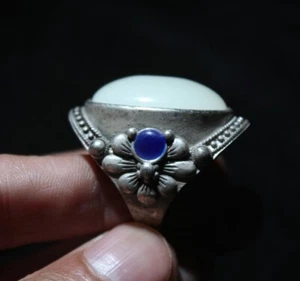Chinese Antique tibet silver Ring white jade stone jade Stone jade amulet 171 - Picture 1 of 9