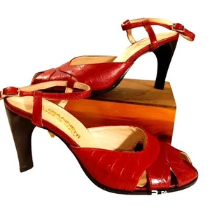 A. Gianetti Made in Italy Red Leather Croc Embossed Peep Toe Slingback Sz 7 - Picture 1 of 8