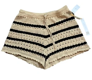House of Harlow 1960 Pointelle Strick Crocket Shorts Boho Safari/schwarz Neu mit Etikett Large - Bild 1 von 5