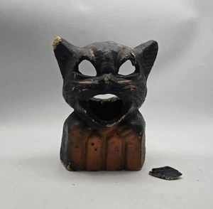 Vintage Paper Mache Black Cat On Fence Halloween Lantern Bucket Antique? - Picture 1 of 17