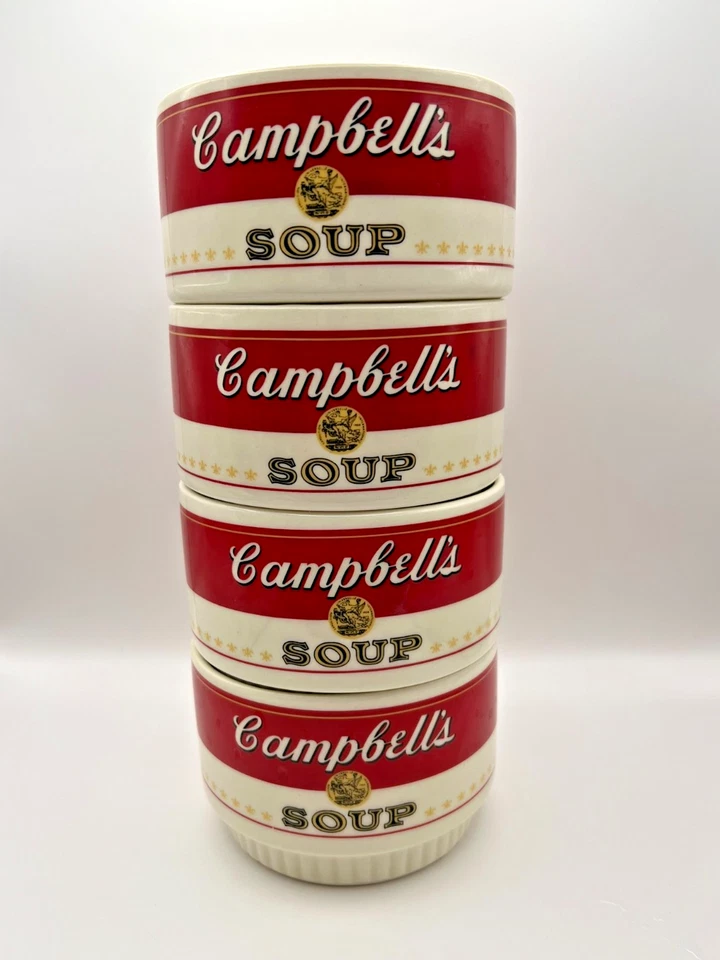 Set of 4 Campbell's Soup Bowls - Vintage USA Pottery - Red & White - No Handles - Image 1 of 4