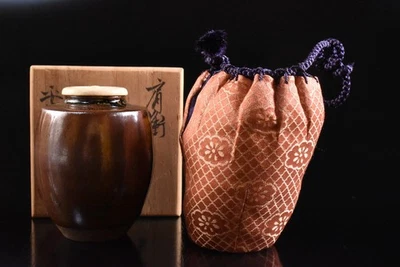 K9889: XF 日本 Kiyomizu-ware TEA CADDY 带高级盖子 自动 带签名盒 — 第 1/4 张图片