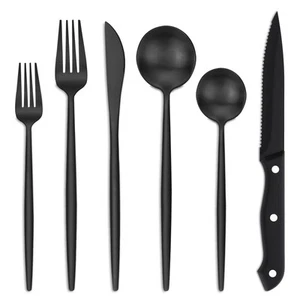 24 Pieces Matte Black Silverware Set with Steak Knives, Stainless Steel Flatw... - Picture 1 of 7