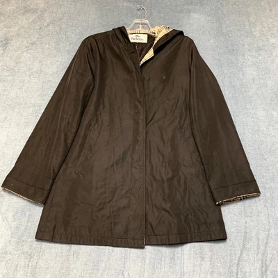 VTG Burberry Of London Parka Jacket Womens Medium Black Lined Button Hooded - Image 1 of 4