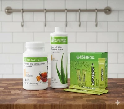 Herbalife Peach Tea 3.6 oz +Mandarin Aloe Pint+30 Lemon Lime LiftOff Sticks - Image 1 of 4