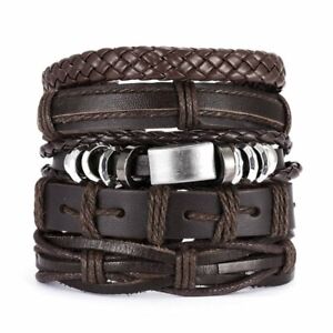 5pcs Fashion Mens Punk Leather Brown Wrap Braided Wristband Cuff Bangle Bracelet