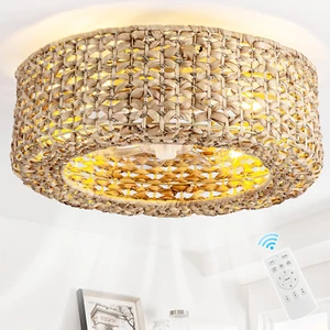 0139-4H Handwoven Rattan Boho Ceiling Fans with Lights Remote Control Flush Moun - Picture 1 of 9