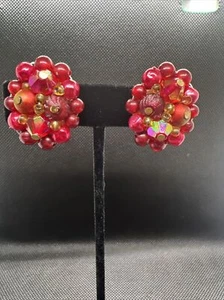 Vintage Germany Red AB Crystal Bunches Clip On Earrings 1 1/8” - Picture 1 of 7