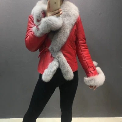 Women 100% Real Sheepskin Leather Jacket Big Fox Fur Collar Winter Warm Coat HOT - Image 1 of 4