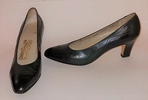 Vintage Ferragamo Emerald Green Black Pumps Shoes Heels 8.5AA Spectator Wingtip - Picture 1 of 8