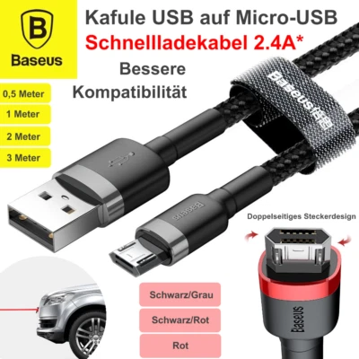 Baseus Premium Nylon USB auf MicroUSB Datenkabel 2.4A* Schnellladekabel 0,5-3,0m - Bild 1 von 4