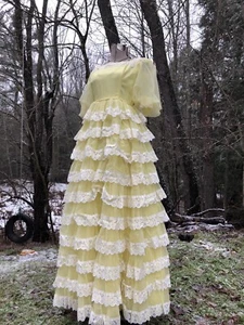 Vintage 1960’s Creme Puff Lace Tiered Yellow Formal Long Gown Dress 34-24-56 - Picture 1 of 12