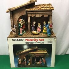 Vtg 1971 Complete Nativity Set Holy Family Hand Painted Italy w/ Stable Sears