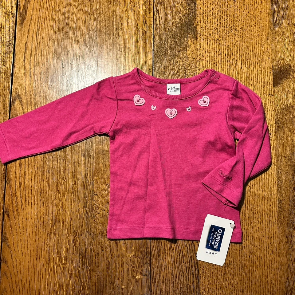 Camiseta Top De Colección Y2K Oshkosh BGosh Bordada Manga Larga Corazones Rosa 12 Meses Foto 1 de 4