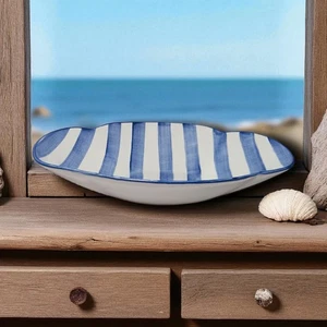 Laurie Gates California Pottery Blue Stripe Bowl Nautical  13"x8" Chips or Salad - Picture 1 of 12