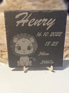 Geburtsgeschenk Taufgeschenk Schieferplatte personalisiert mit Tiermotiv Löwe - Bild 1 von 14
