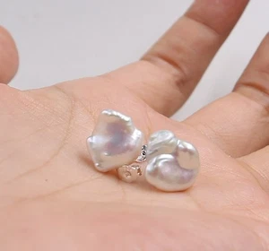 13x15 mm White Keshi Baroque Pearl Earrings Stud 18KGP - Picture 1 of 6