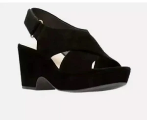 Clarks Ladies* Maritsa Lara* Black Suede WIDE-FIT wedge heel Sandal UK 7 E - Picture 1 of 8