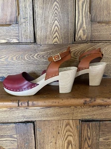 Swedish clogs 40 9 tall red cognac tan peep toe slingback ankle strap mary jane - Picture 1 of 8