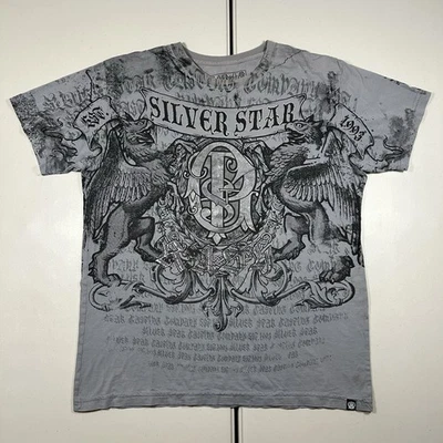 y2k Silver Star Affliction Style Graphic Shirt Size XL Cyber Goth Grunge Skate - Image 1 of 4