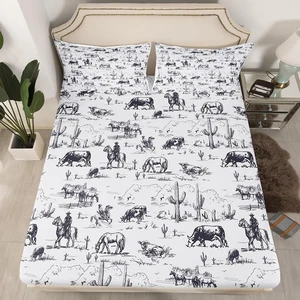Western Queen Size Bed Sheet Set, White and Black Cowboy Fitted Sheet, Desert... - Bild 1 von 7