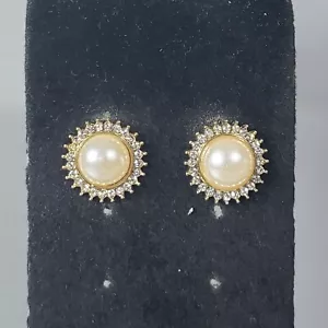 Pendientes de diamantes de imitación tachonados tono dorado imitación perla retro mediados de siglo modernos 0,5" - Imagen 1 de 9