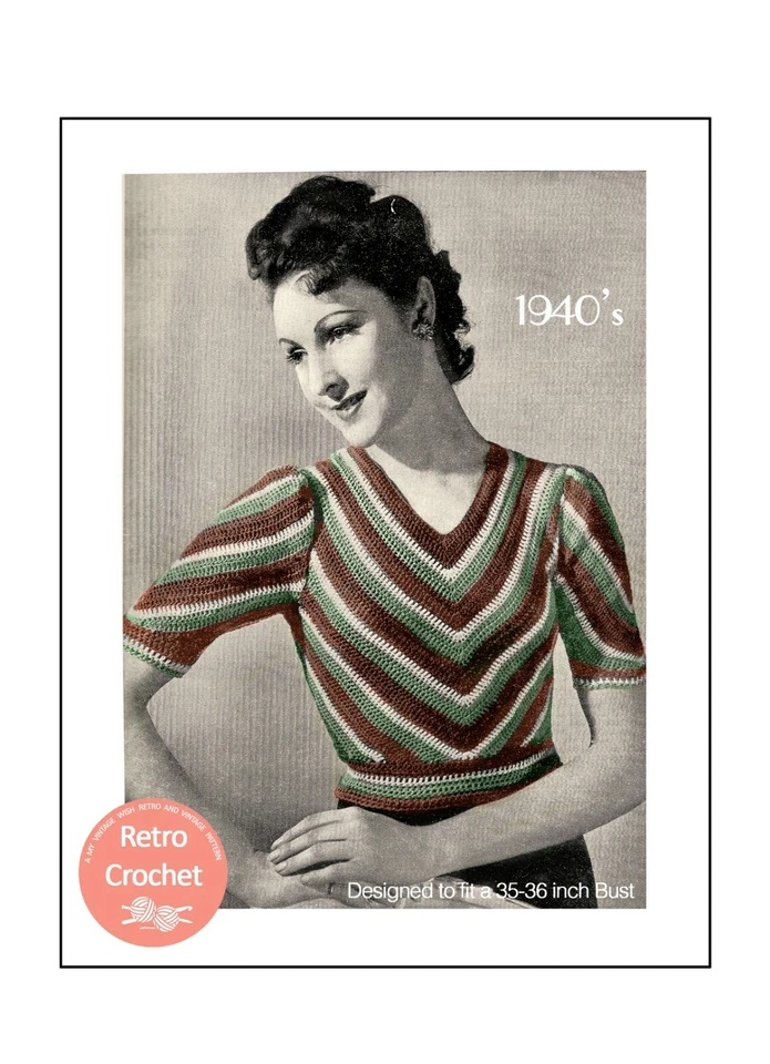 1940's Striped Crochet Sweater Pattern Copy - Image 1 of 1