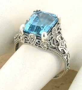 GENUINE SKY BLUE TOPAZ 925 STERLING SILVER VINTAGE STYLE FILIGREE RING      #922 - Picture 1 of 3