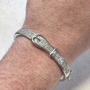 Diamond Accent Chip Silver Plated Buckle Belt Hinged Bracelet Bangle - Picture 1 of 7