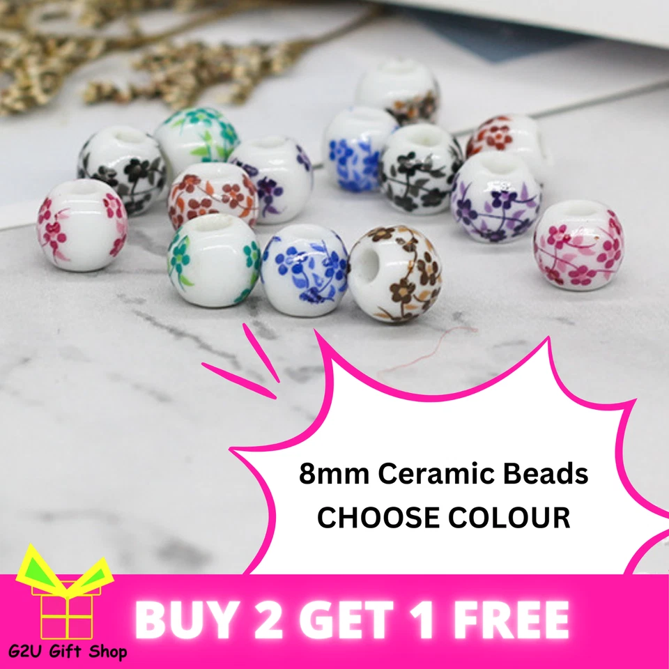 Floral Beads 10 pcs Porcelain Ceramic 8mm Flower Gem for Jewellery Making DIY UK - Image 1 of 1