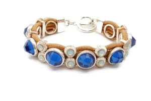 Bracelet Silver Tone Blue Crystal Brown Leather 7.25" - Picture 1 of 7