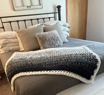 Handmade Gray & White Tweed Chunky Crochet Decorative Throw Blanket 58 x 38 in - Image 1 of 4