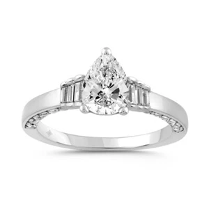 2 cttw Lab Grown Pear Diamond Halo Baguette Round Engagement Ring 14k White Gold - Picture 1 of 4