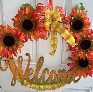 Spring Summer Wreath 18 Inch Front Door Indoor Decor Orange Sunflower Butterfly