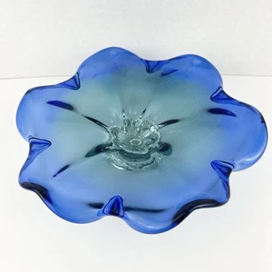 VTG Royal GalleryCobalt Blue Green Art Glass Flower Platter Cake Rest Poland - Picture 1 of 5