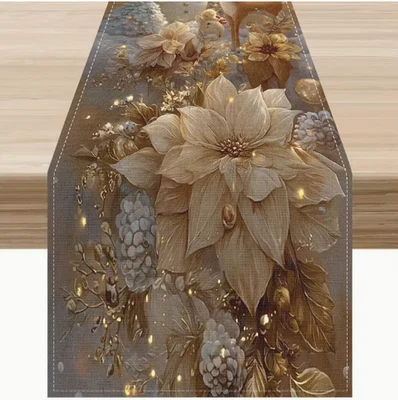 TABLE RUNNER- Snowman, Reindeer, and Poinsettia in a Nordic - inspired Design. H - Image 1 of 4