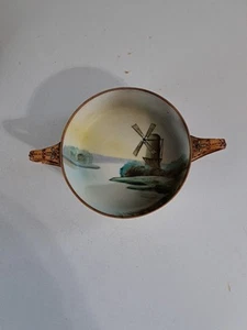 Vintage handbemalte NIPPON Schale mit Henkeln, Schmucksteinen & Fuß Landschaft Windmühle - Bild 1 von 8